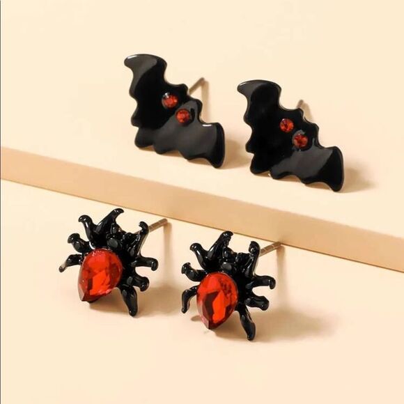Y2K Vampire Gothic Halloween Spider Bat Red Jeweled Earrings - Picture 2 of 4